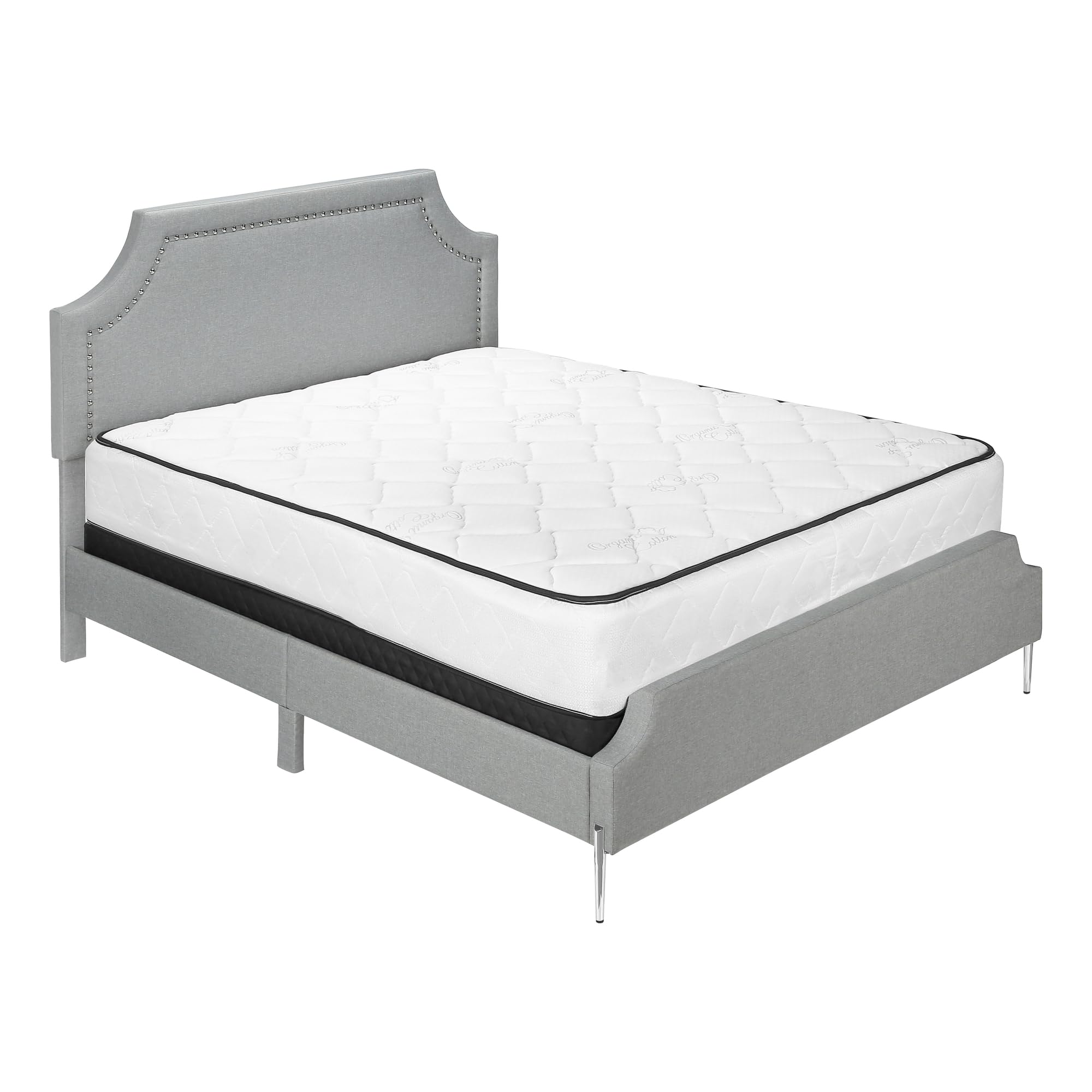 Monarch Specialties I 6035Q Bed, Frame, Platform, Bedroom, Queen Size, Upholstered, Linen Look Fabric, Metal Legs, Grey, Chrome, Contemporary, Modern